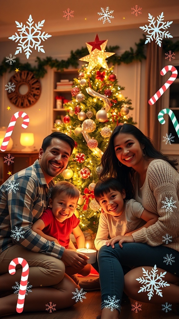 Christmas Photo Doodles A family Christmas photo with doodles of snowflakes and ornaments around a decorated tree.